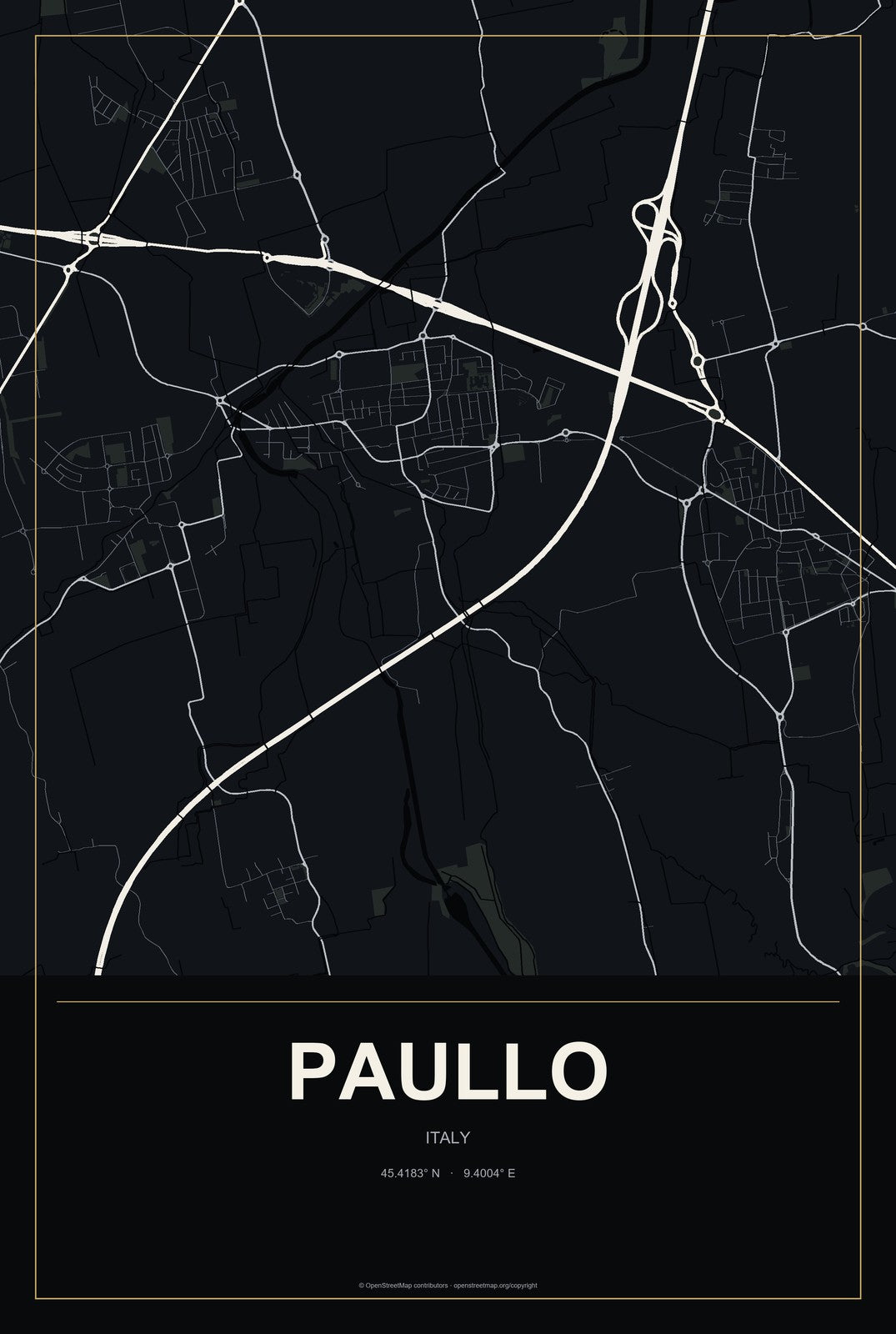Paullo, Italy City Map Aluminum Sign in Metropolitan Noir style
