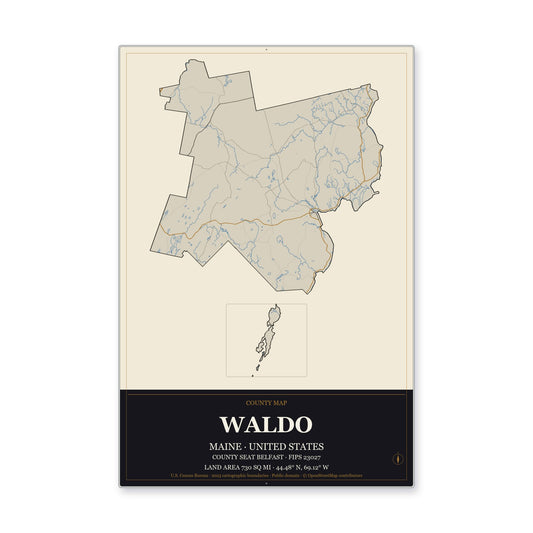 Waldo County, Maine Map Aluminum Sign in Museum Plaque style
