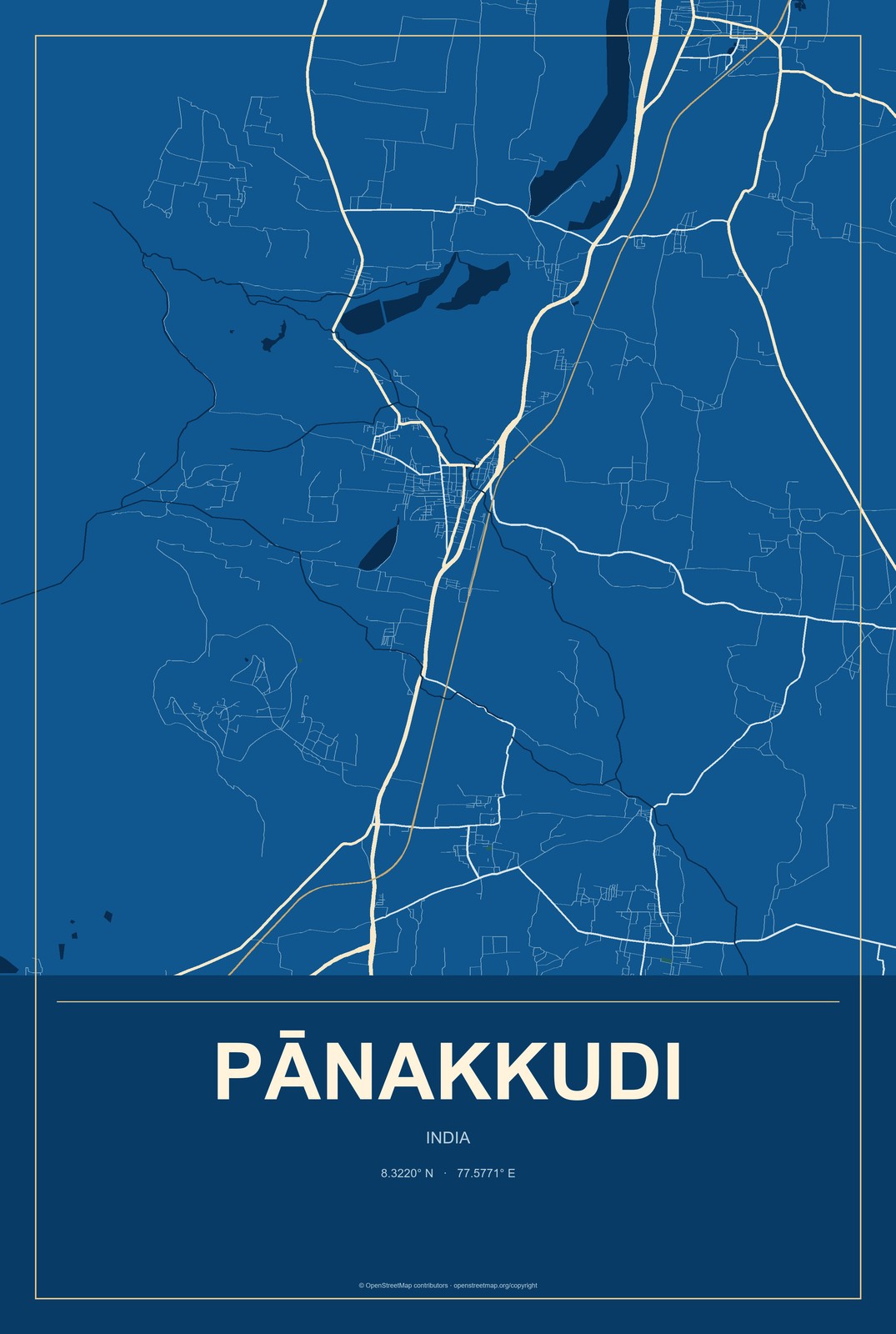 Pānakkudi, India City Map Aluminum Sign in Harbor Cobalt style