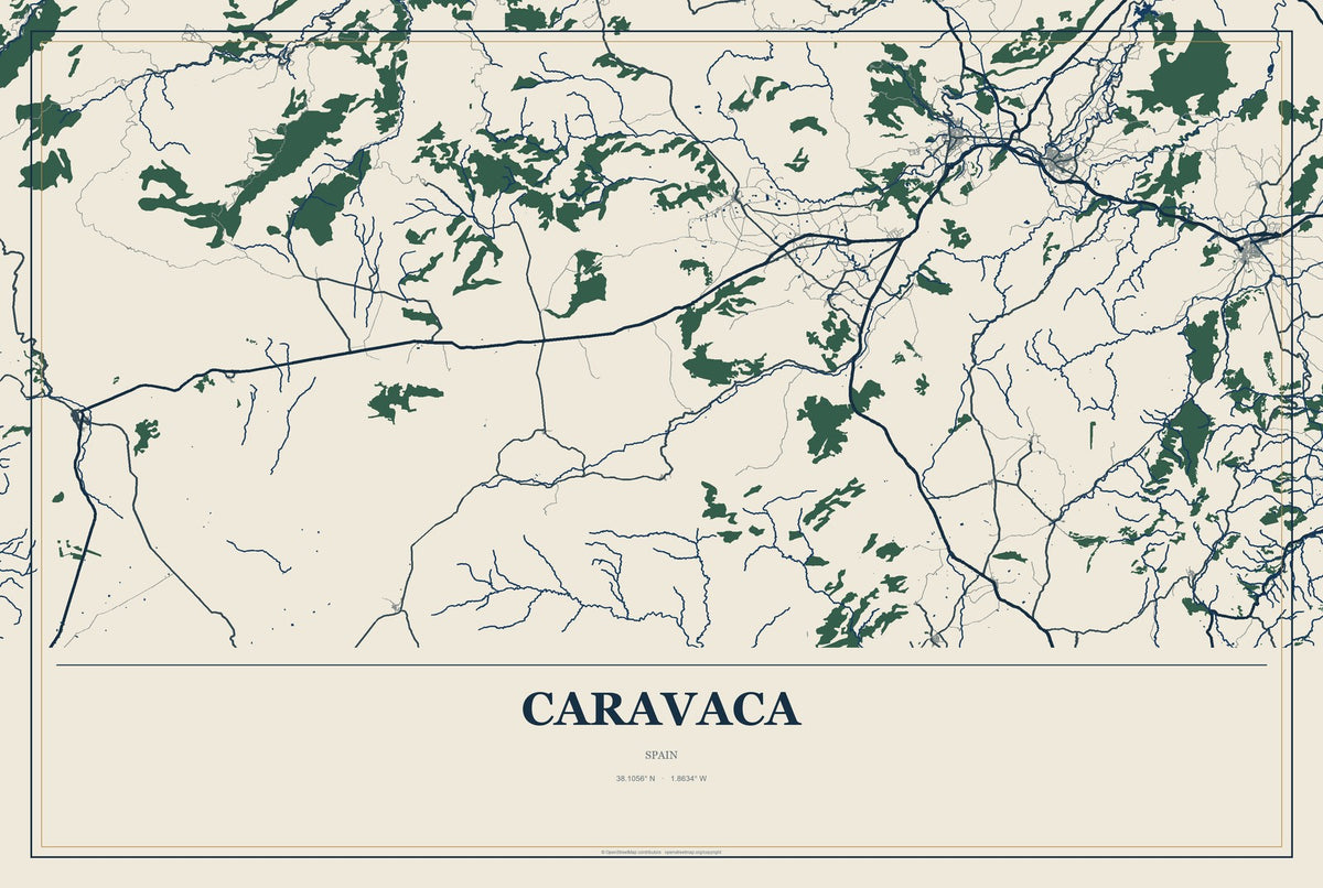 Caravaca, Spain City Map Aluminum Sign in Coastal Cutout style