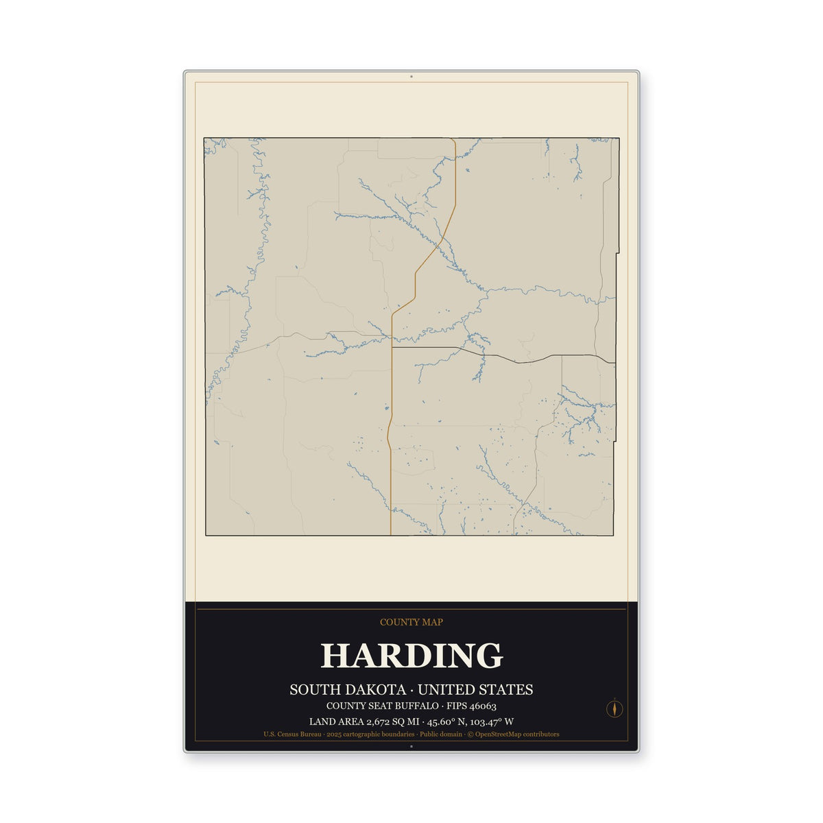 Harding County, South Dakota Map Aluminum Sign in Museum Plaque style