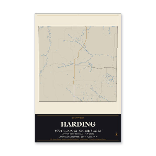 Harding County, South Dakota Map Aluminum Sign in Museum Plaque style