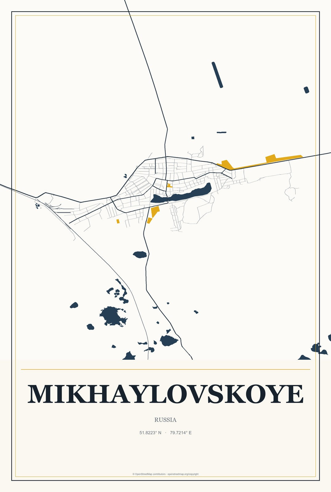 Mikhaylovskoye, Altai Krai, Russia City Map Aluminum Sign in Citrine Modern style