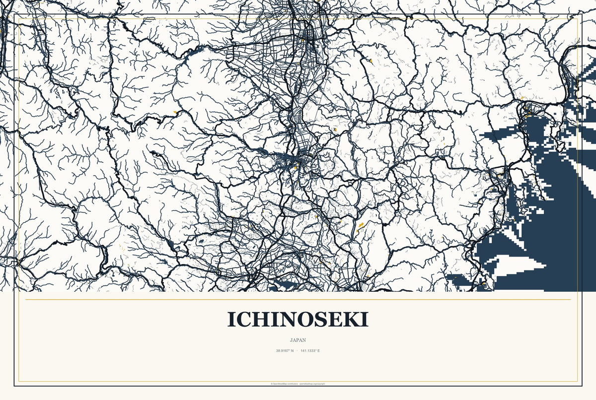 Ichinoseki, Japan City Map Aluminum Sign in Citrine Modern style