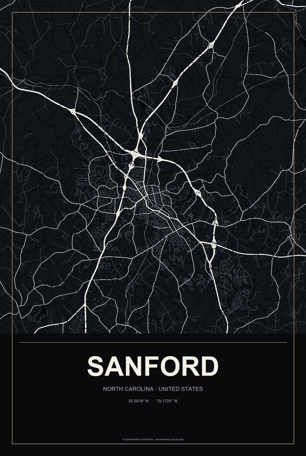 Sanford, North Carolina City Map Aluminum Sign in Metropolitan Noir style