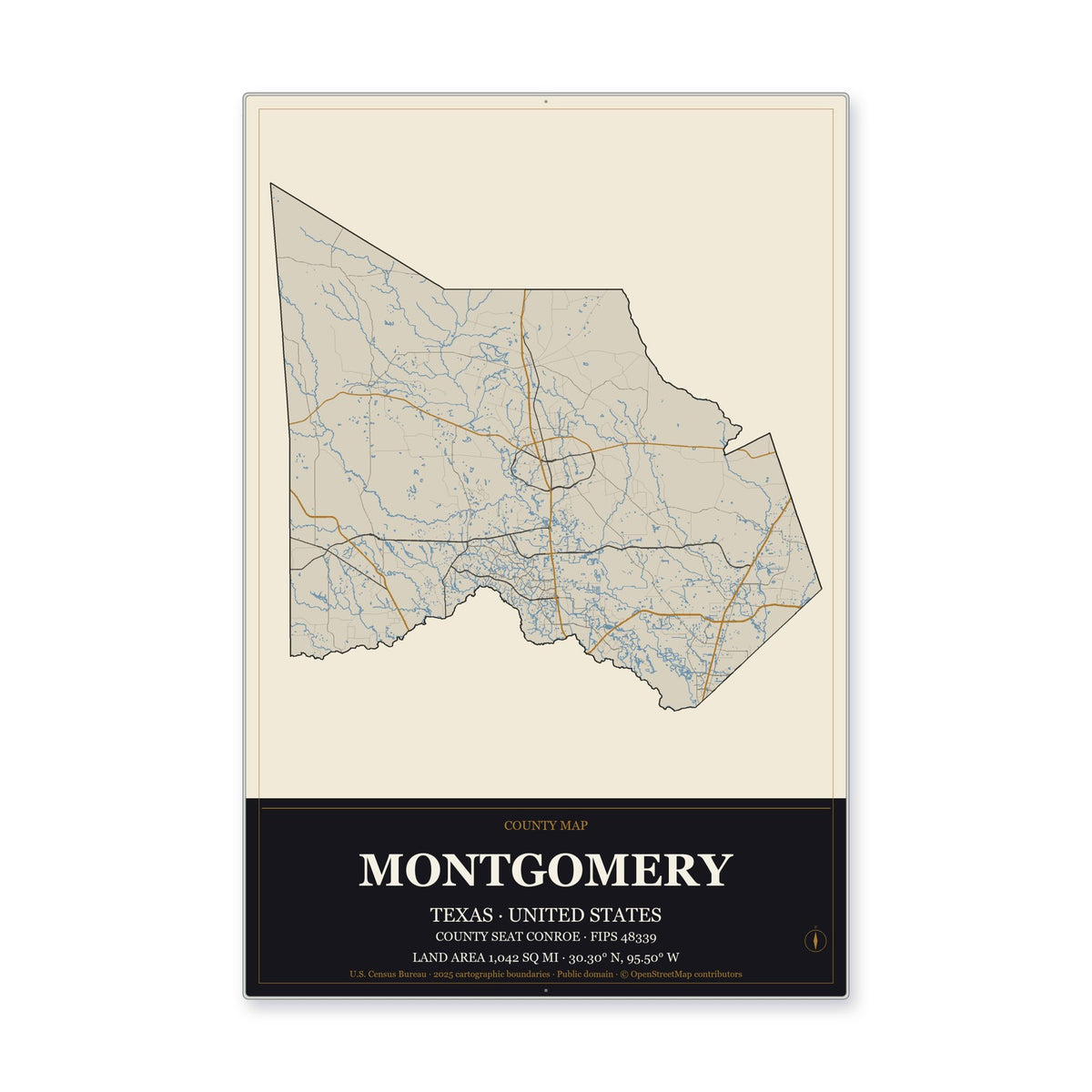 Montgomery County, Texas Map Aluminum Sign in Museum Plaque style