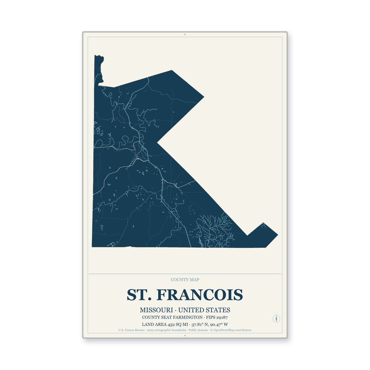 St. Francois County, Missouri Map Aluminum Sign in Coastal Cutout style