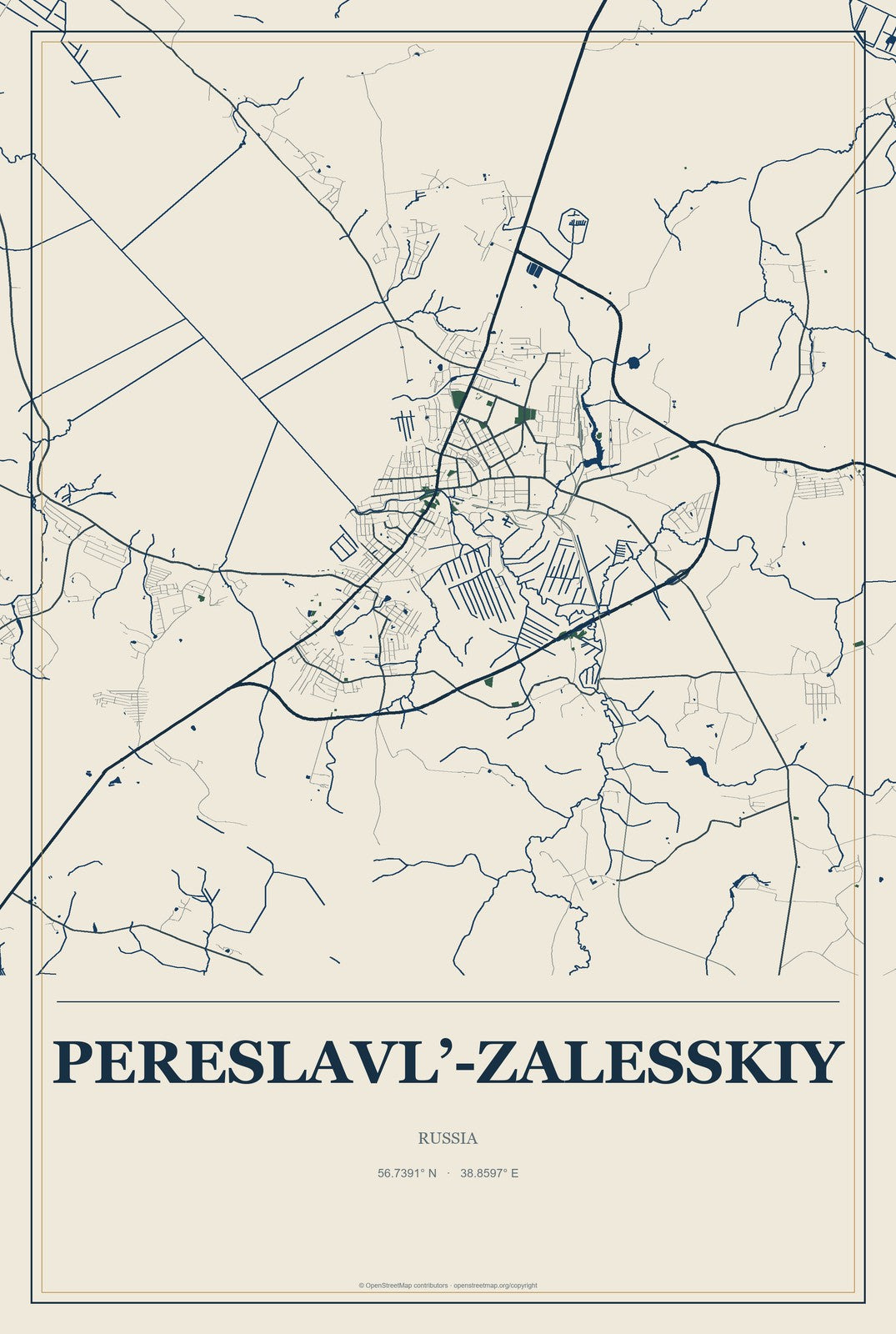 Pereslavl’-Zalesskiy, Russia City Map Aluminum Sign in Coastal Cutout style