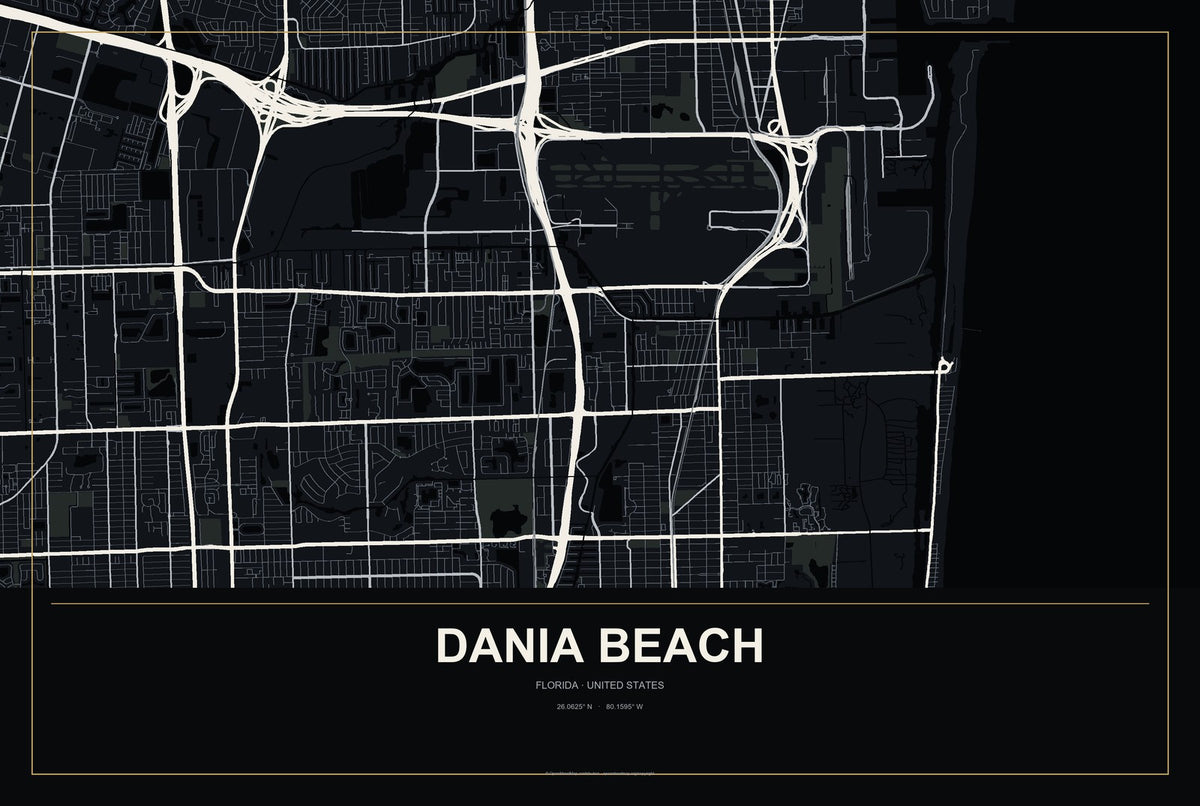 Dania Beach, Florida City Map Aluminum Sign in Metropolitan Noir style