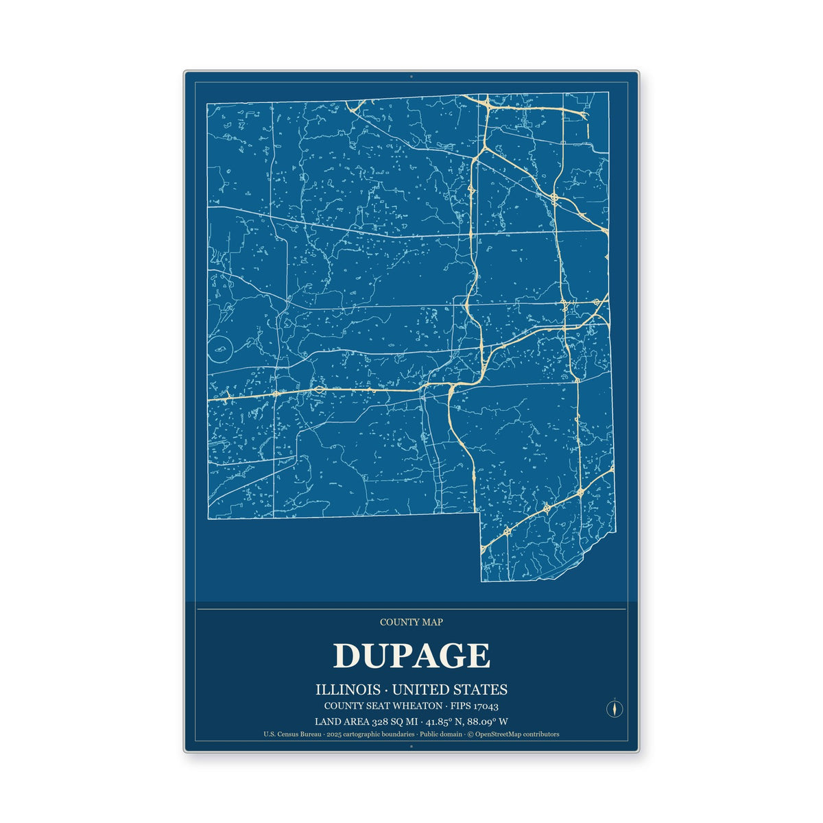 DuPage County, Illinois Map Aluminum Sign in Harbor Cobalt style