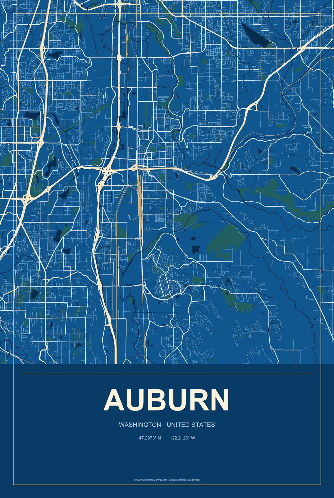 Auburn, Washington City Map Aluminum Sign in Harbor Cobalt style