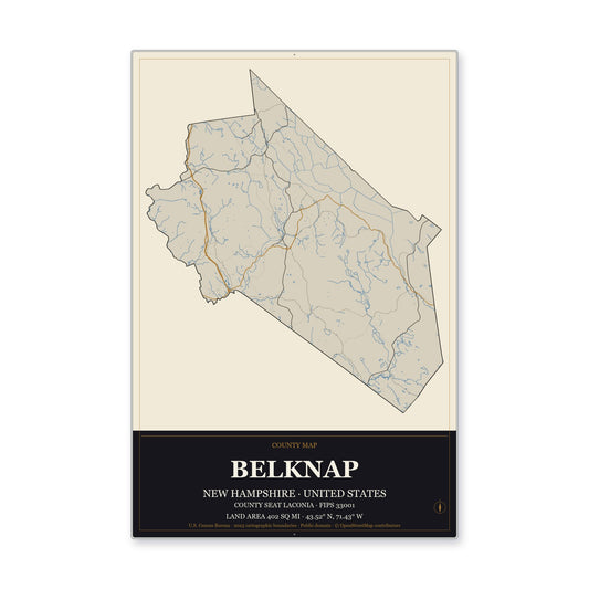 Belknap County, New Hampshire Map Aluminum Sign in Museum Plaque style