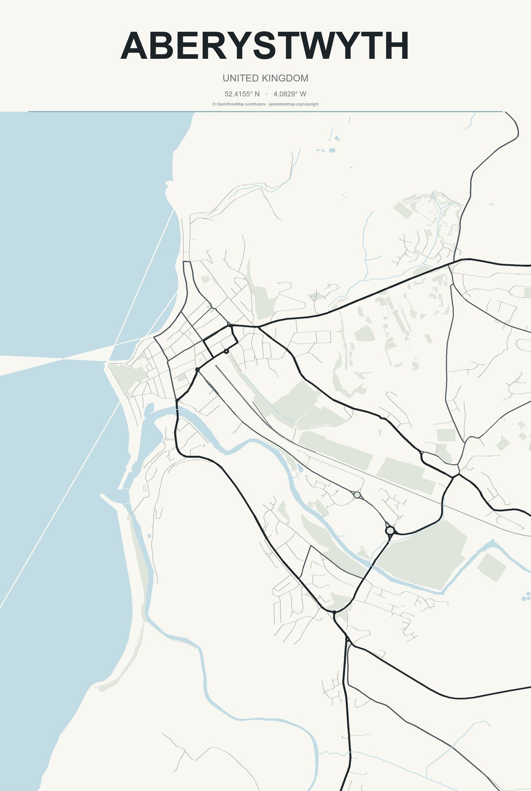 Aberystwyth, United Kingdom City Map Aluminum Sign in Headline Atlas style