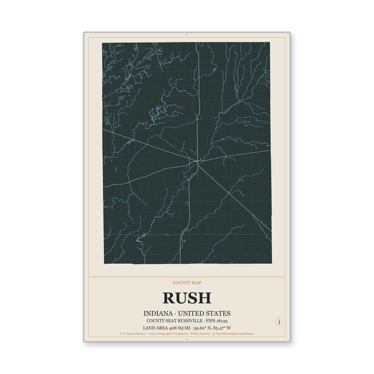 Rush County, Indiana Map Aluminum Sign in Headline Atlas style