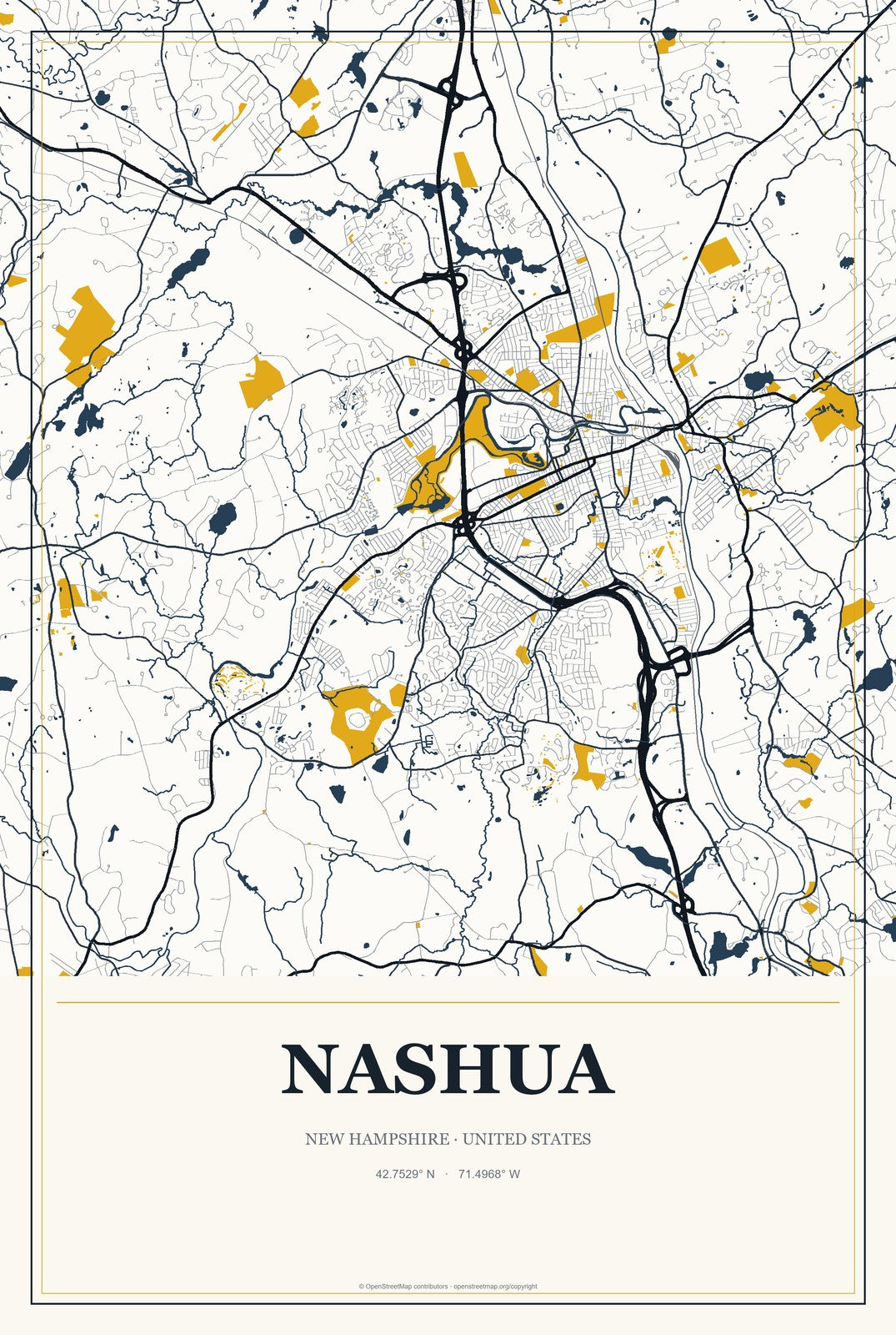 Nashua, New Hampshire City Map Aluminum Sign in Citrine Modern style