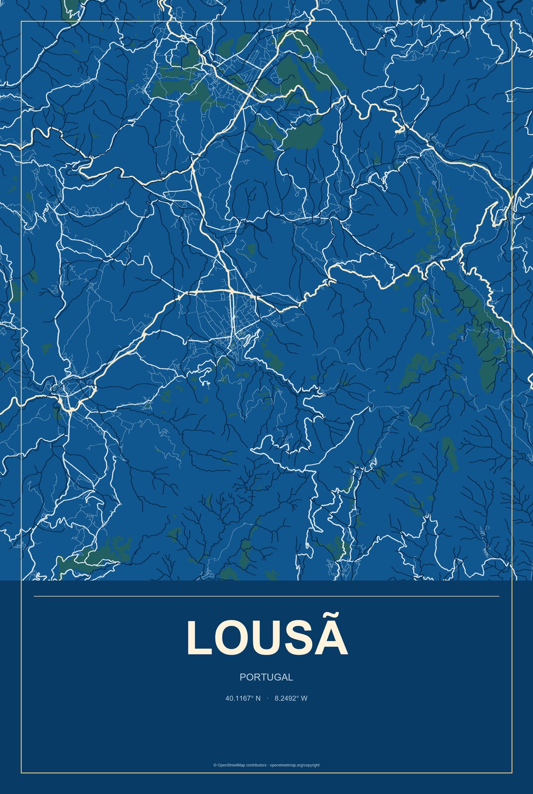 Lousã, Portugal City Map Aluminum Sign in Harbor Cobalt style