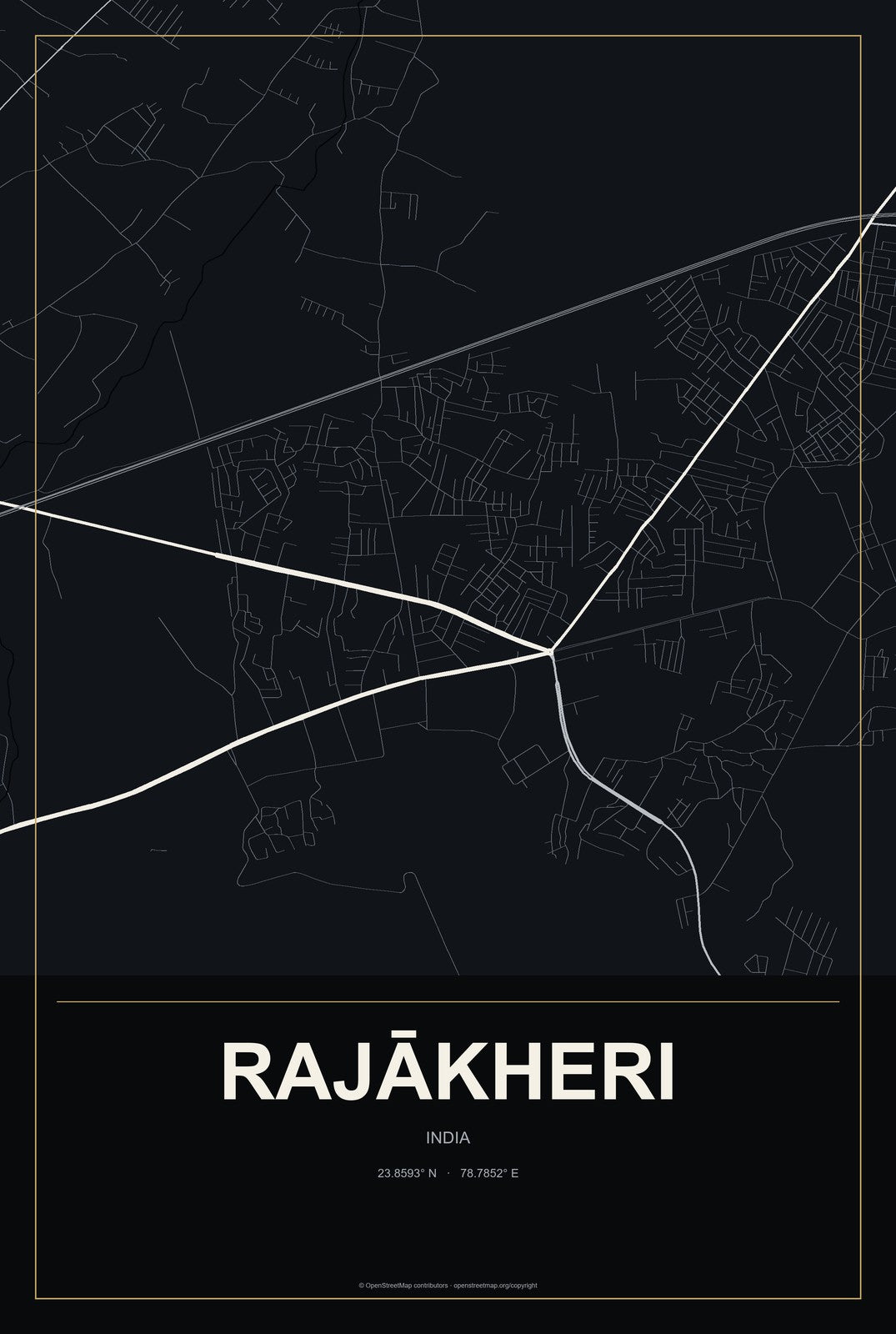 Rajākheri, India City Map Aluminum Sign in Metropolitan Noir style