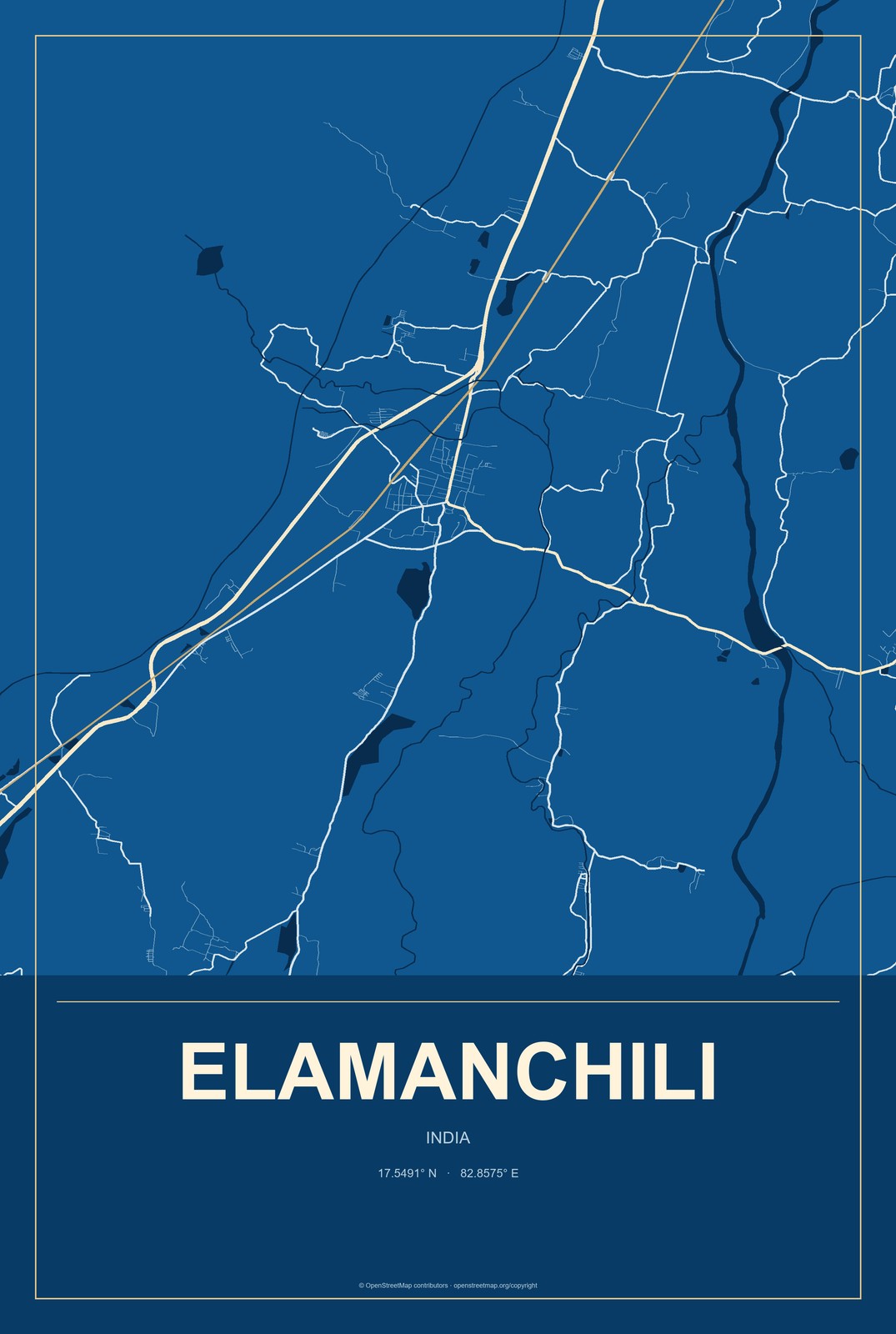 Elamanchili, India City Map Aluminum Sign in Harbor Cobalt style