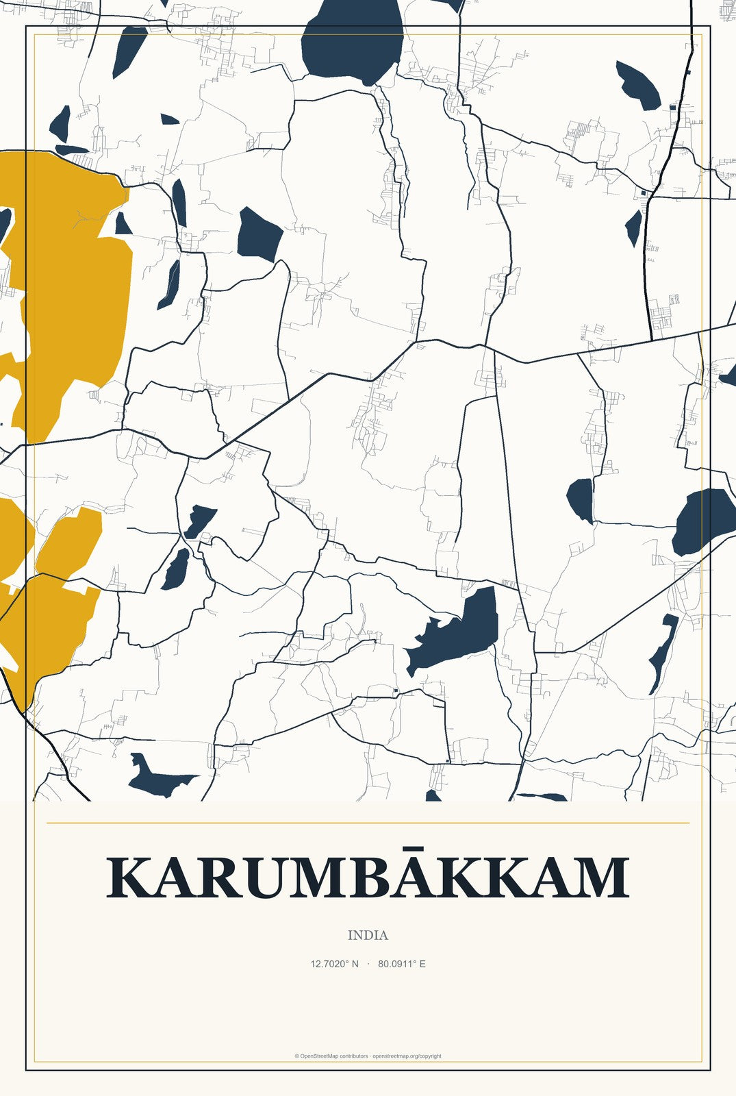 Karumbākkam, India City Map Aluminum Sign in Citrine Modern style