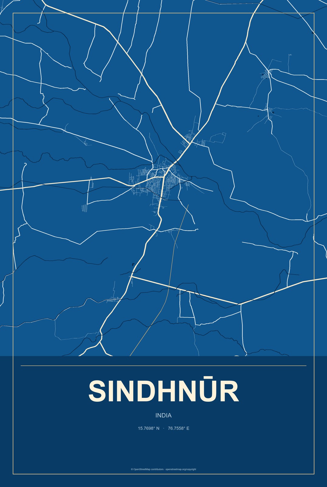 Sindhnūr, India City Map Aluminum Sign in Harbor Cobalt style