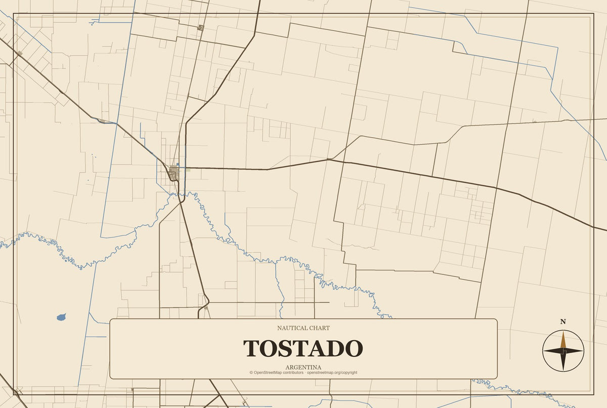 Tostado, Argentina City Map Aluminum Sign in Heritage Nautical style