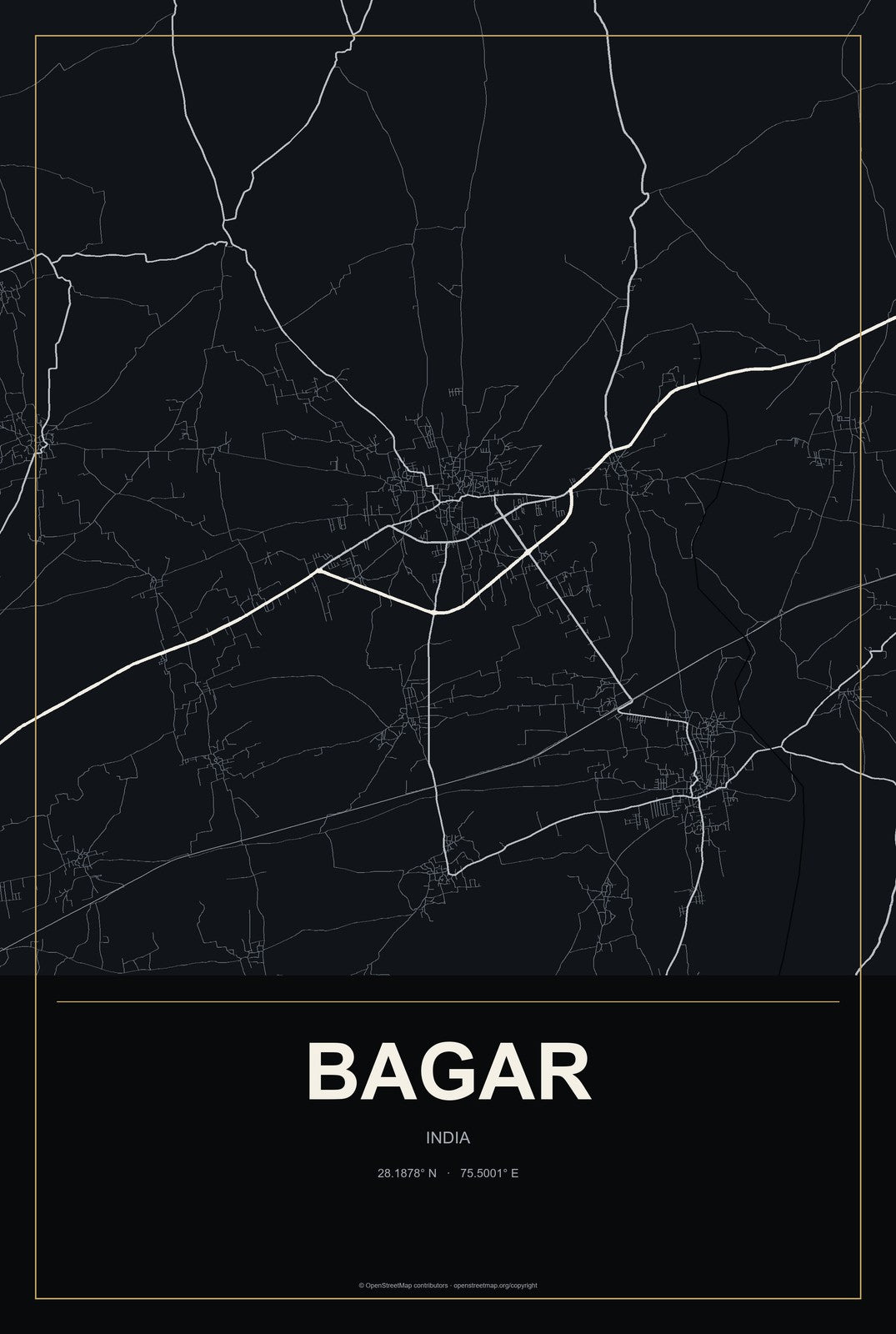Bagar, India City Map Aluminum Sign in Metropolitan Noir style