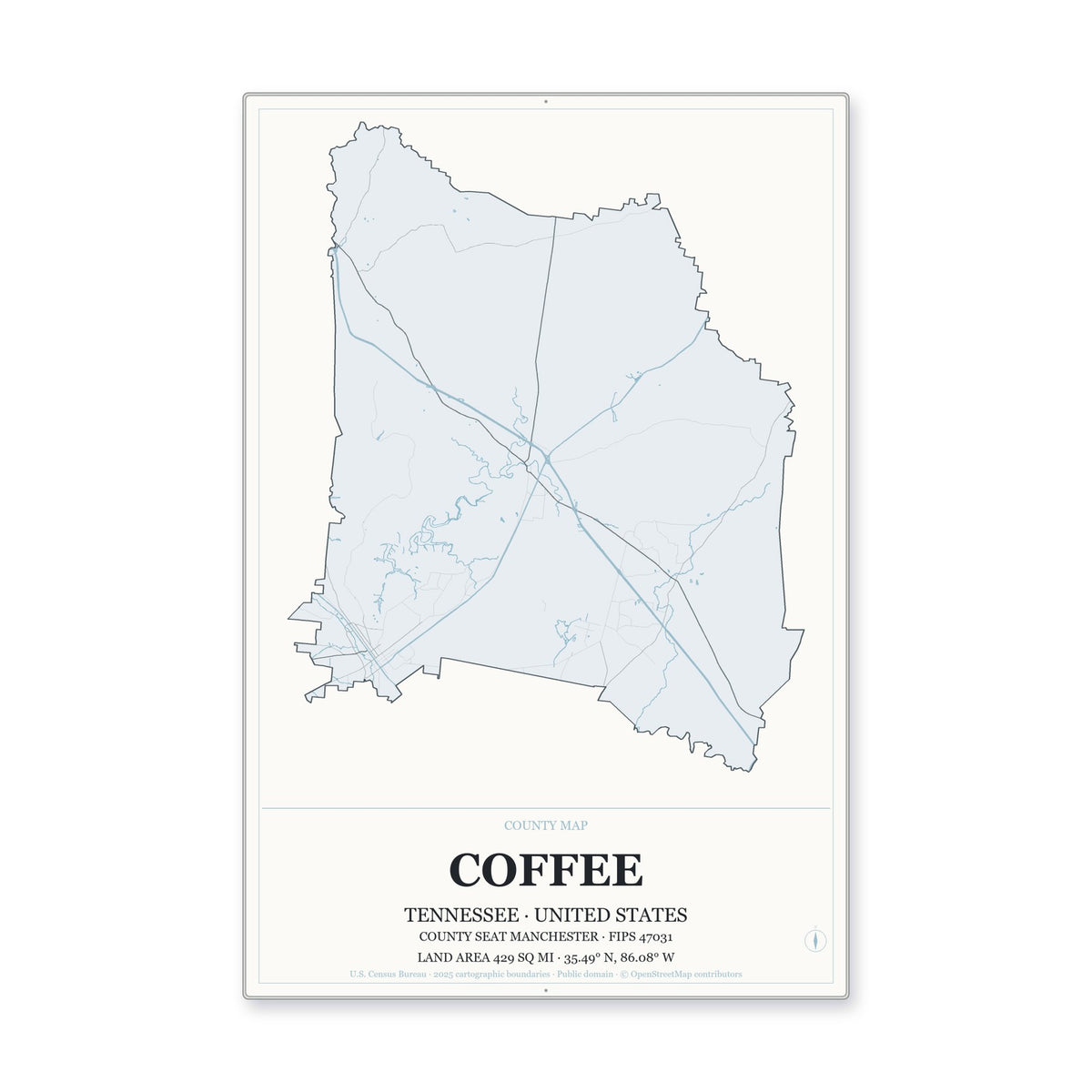 Coffee County, Tennessee Map Aluminum Sign in Gallery Air style