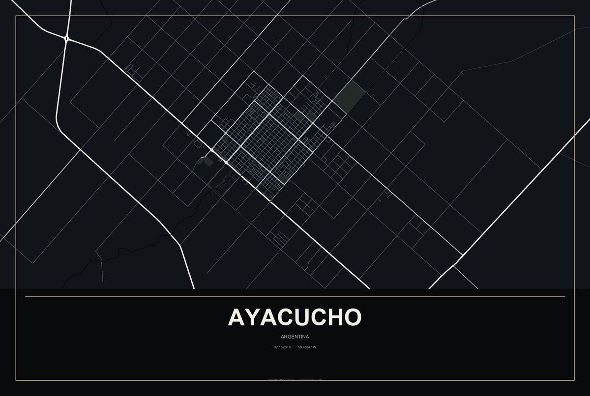Ayacucho, Argentina City Map Aluminum Sign in Metropolitan Noir style