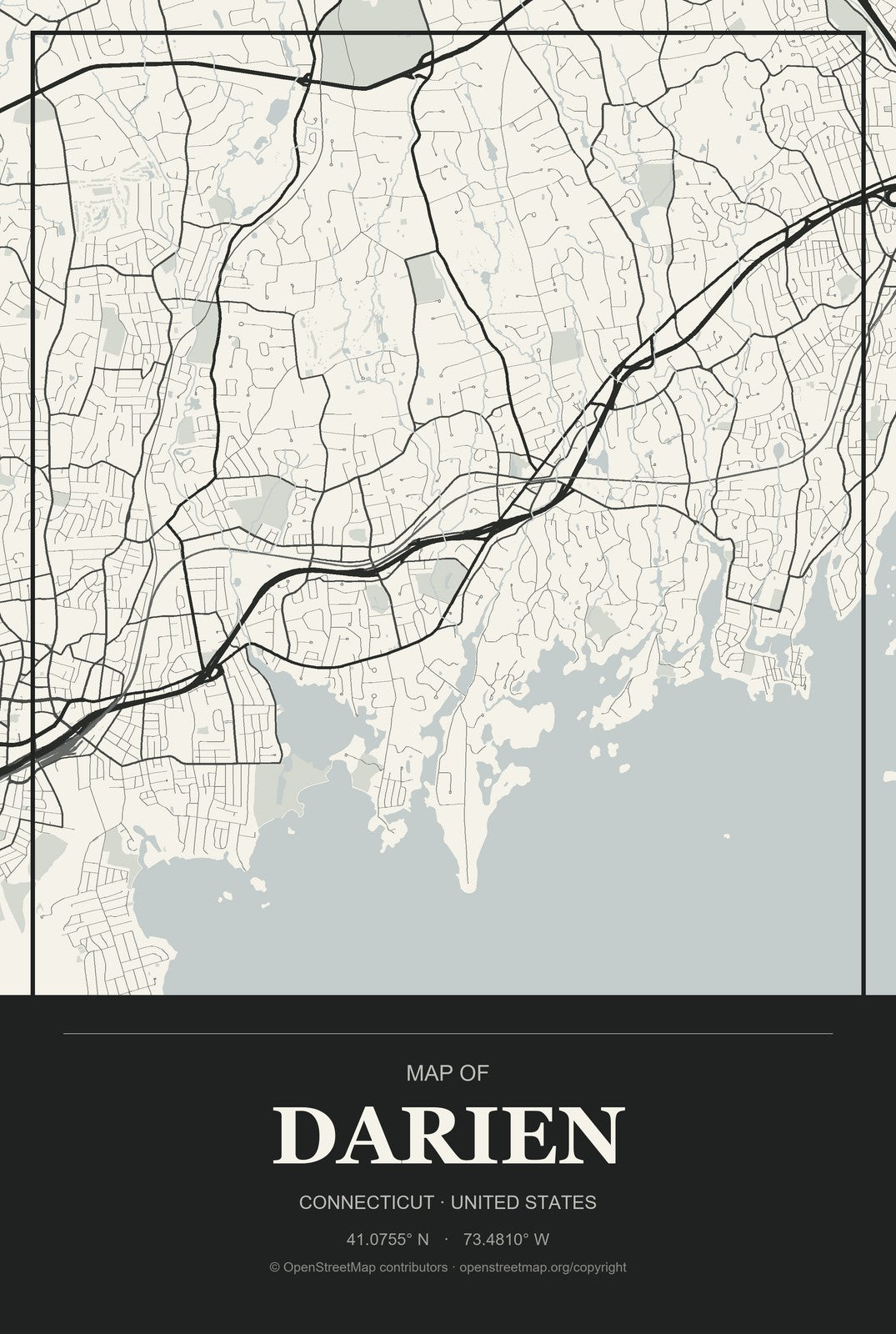 Darien, Connecticut City Map Aluminum Sign in Museum Plaque style