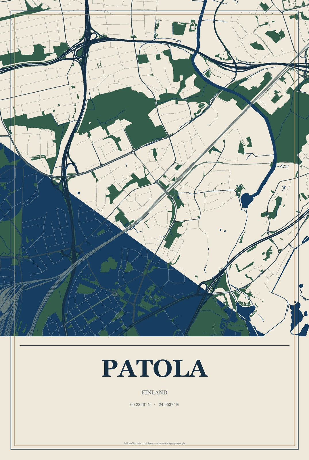 Patola, Finland City Map Aluminum Sign in Coastal Cutout style