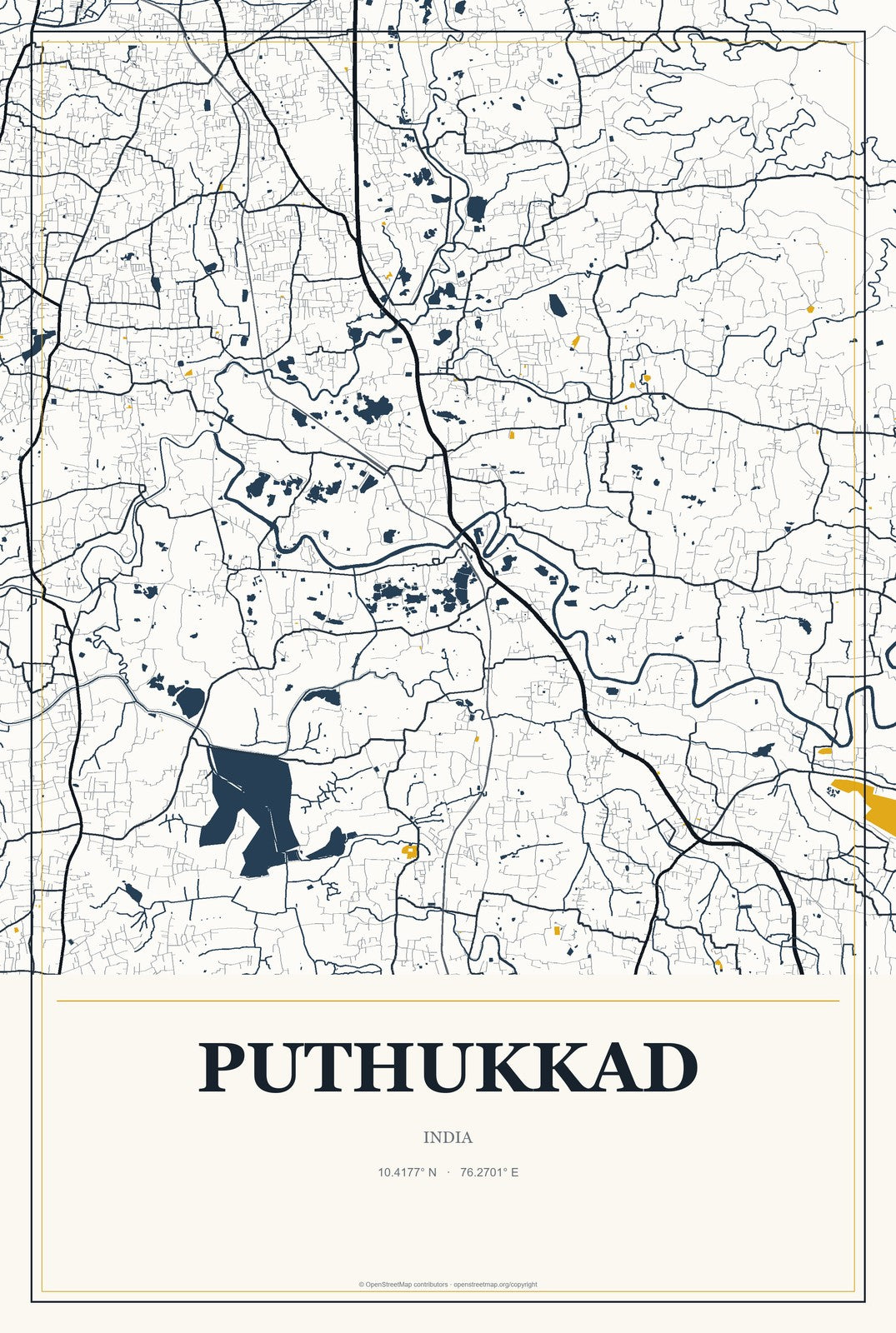 Puthukkad, India City Map Aluminum Sign in Citrine Modern style