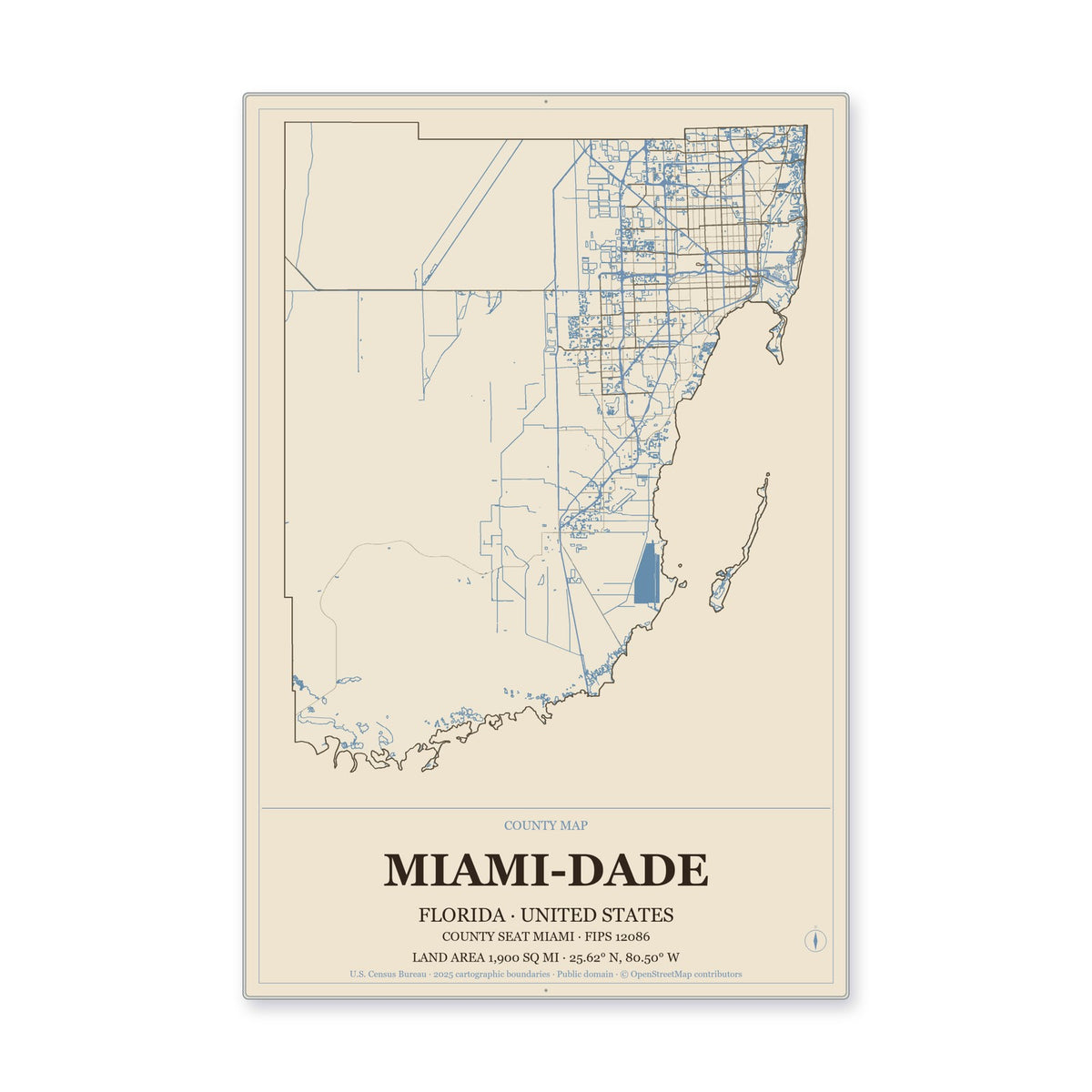 Miami-Dade County, Florida Map Aluminum Sign in Heritage Nautical style