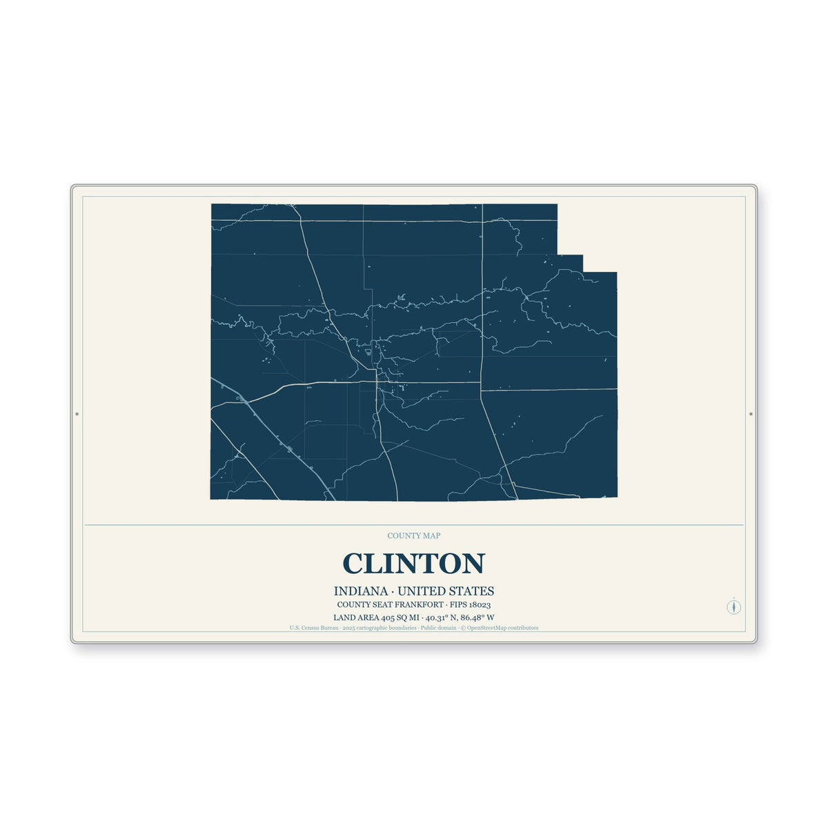 Clinton County, Indiana Map Aluminum Sign in Coastal Cutout style