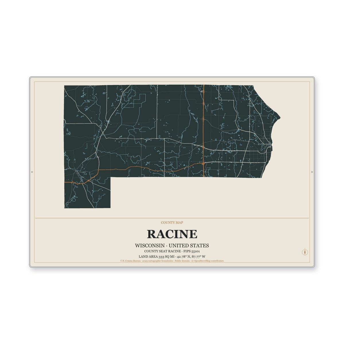 Racine County, Wisconsin Map Aluminum Sign in Headline Atlas style