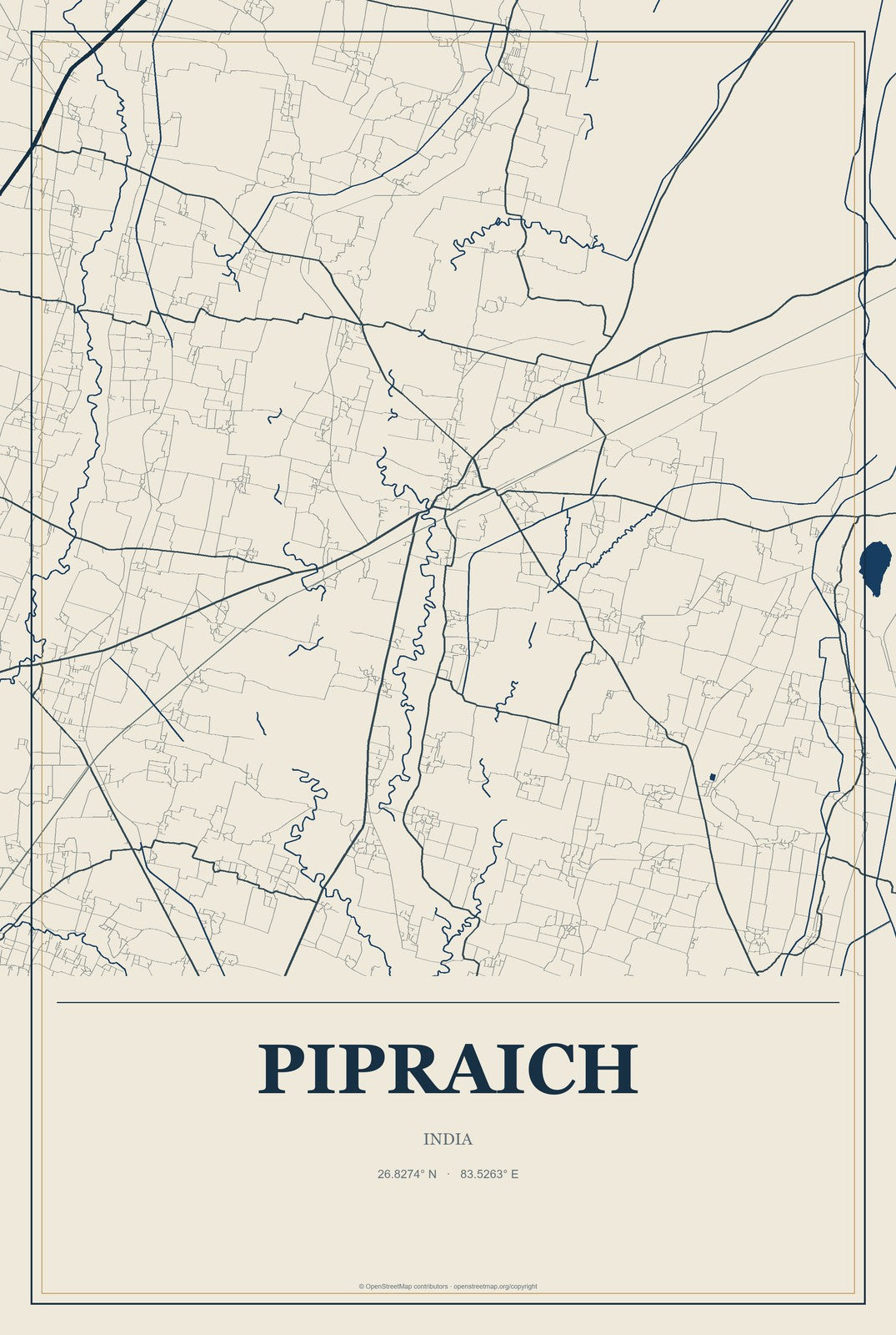 Pipraich, India City Map Aluminum Sign in Coastal Cutout style