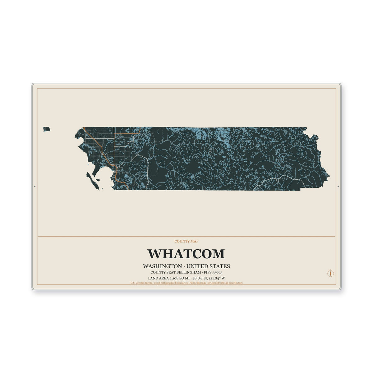 Whatcom County, Washington Map Aluminum Sign in Headline Atlas style