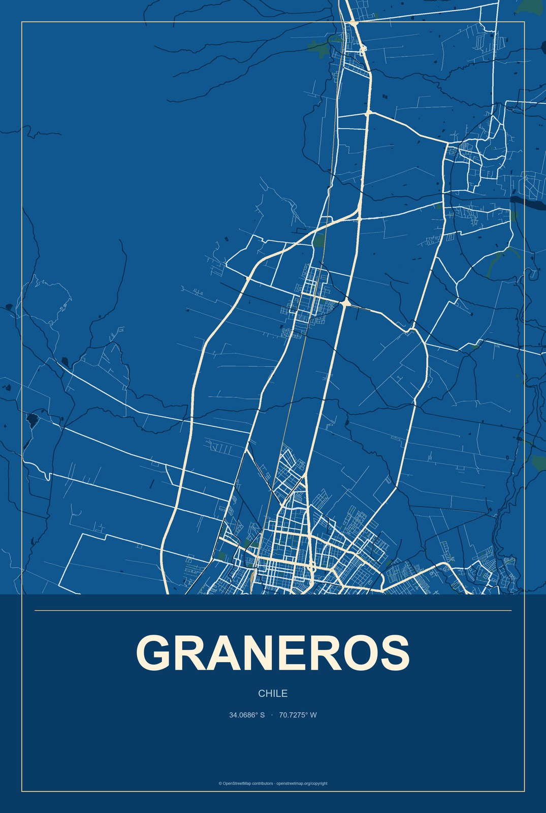 Graneros, Chile City Map Aluminum Sign in Harbor Cobalt style