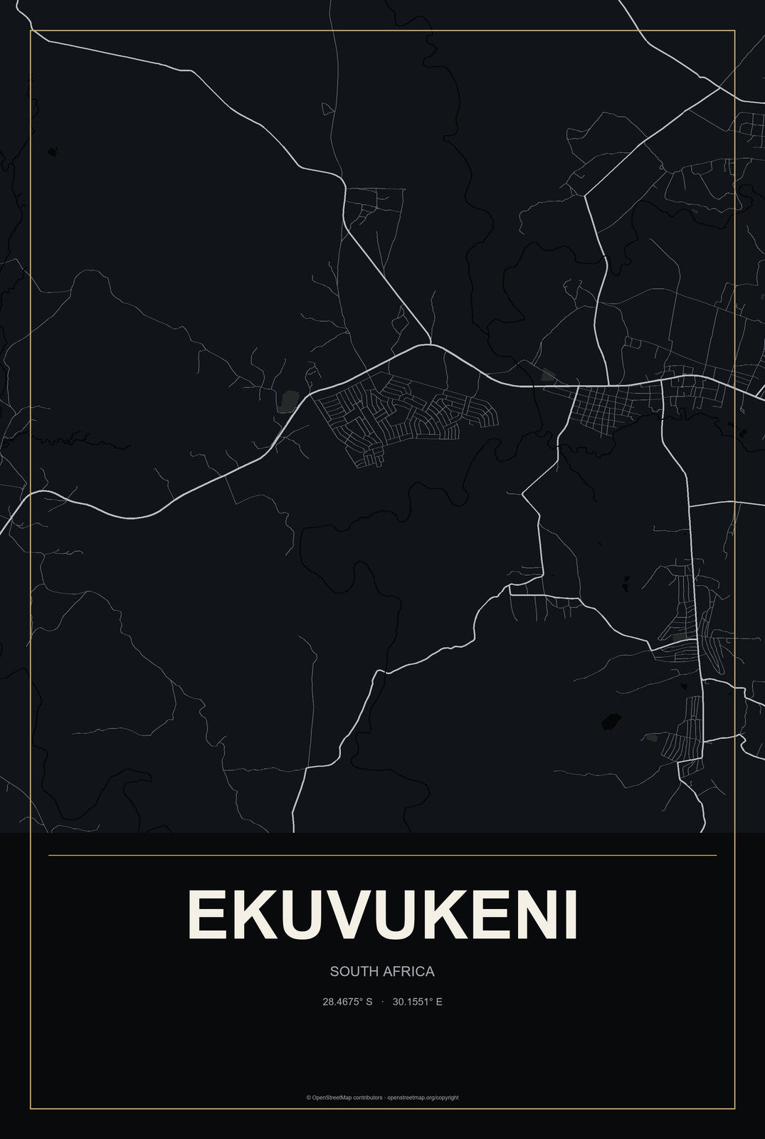 Ekuvukeni, South Africa City Map Aluminum Sign in Metropolitan Noir style
