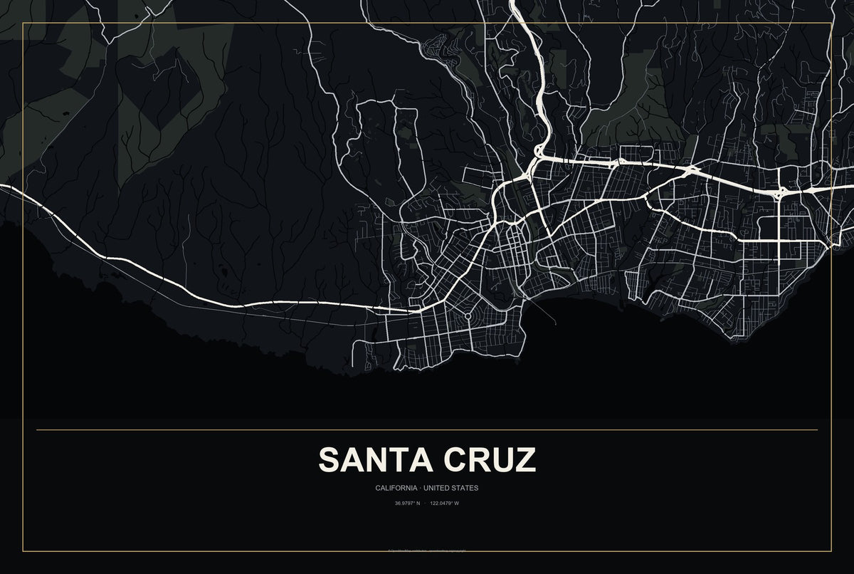 Santa Cruz, California City Map Aluminum Sign in Metropolitan Noir style