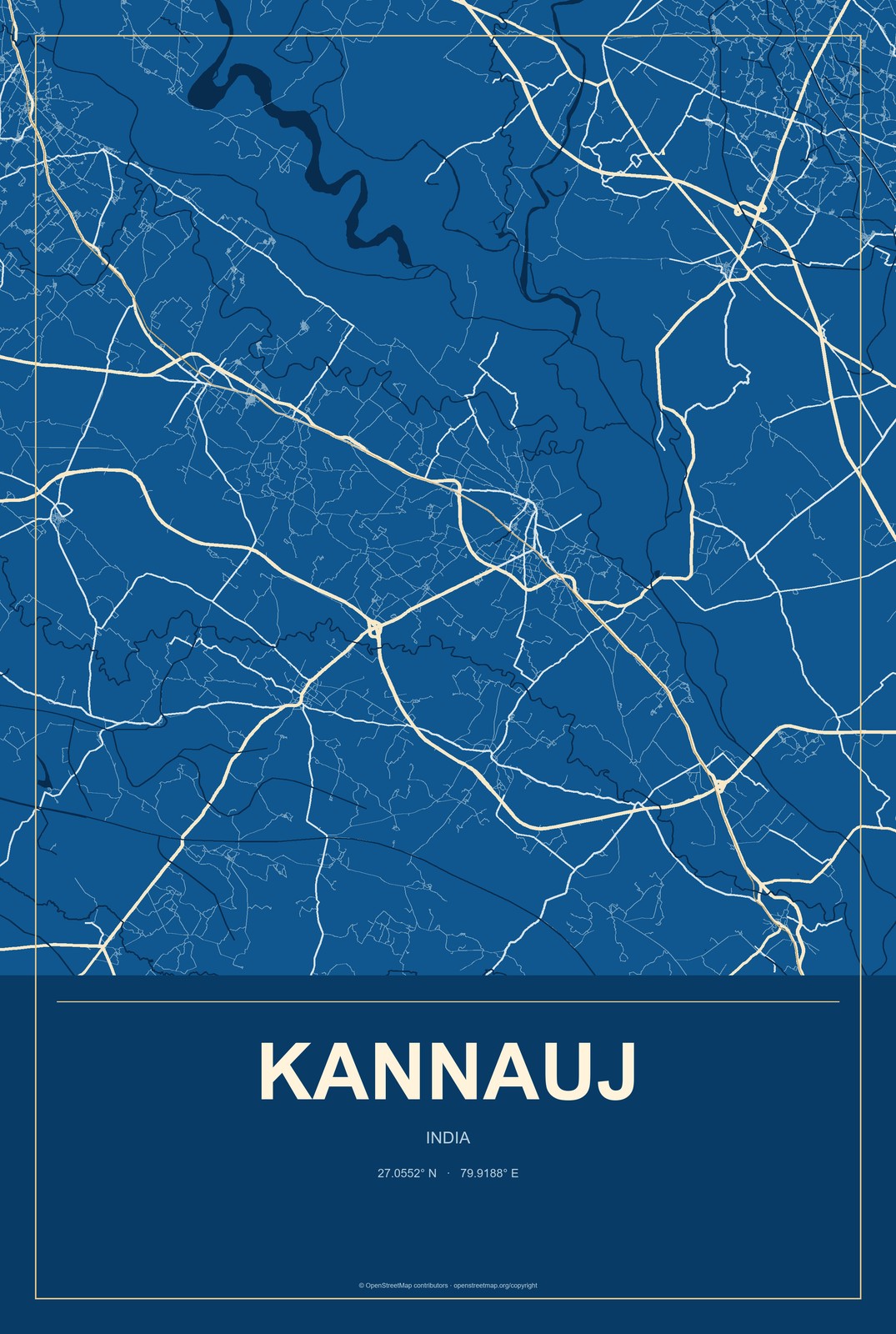 Kannauj, India City Map Aluminum Sign in Harbor Cobalt style