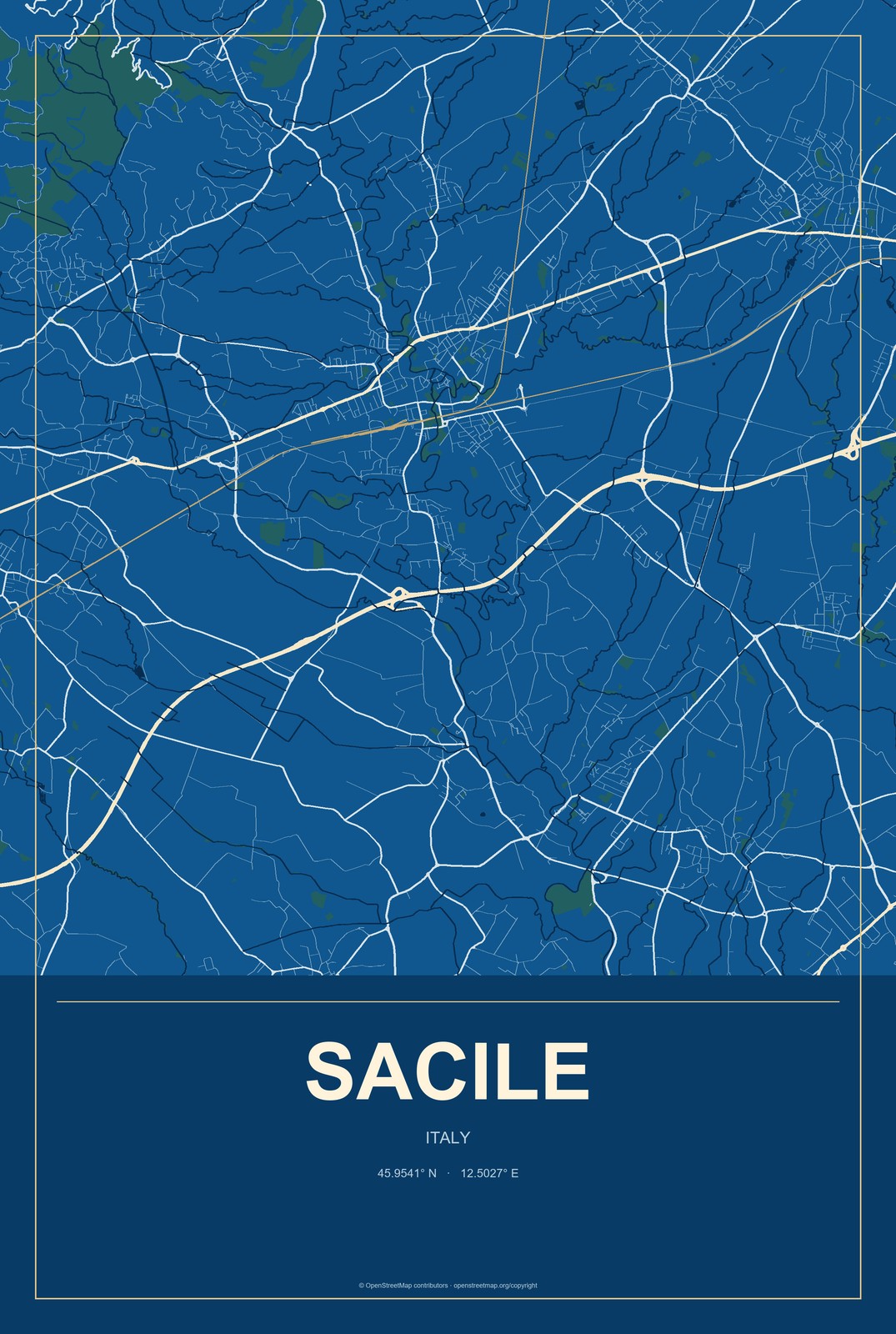 Sacile, Italy City Map Aluminum Sign in Harbor Cobalt style