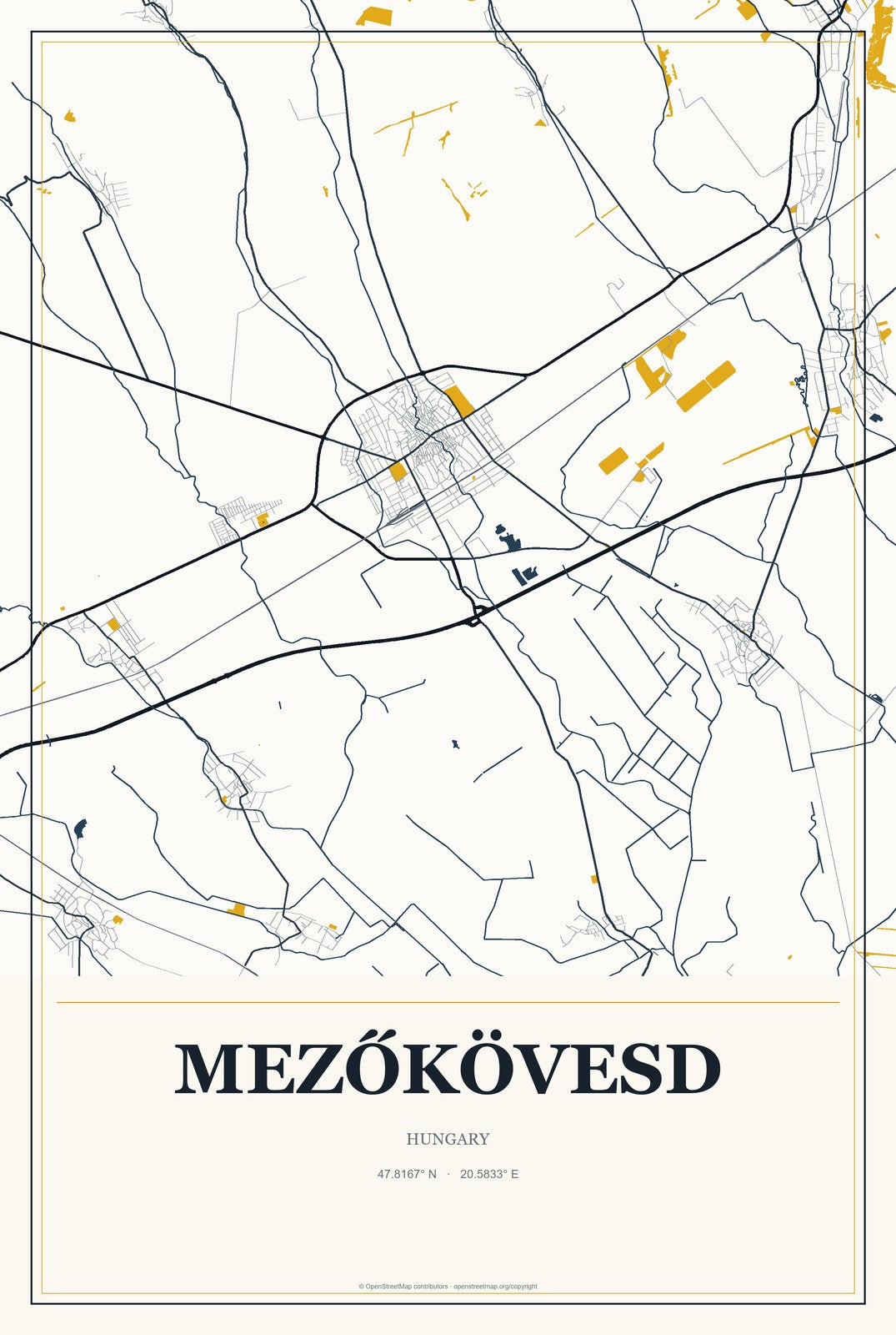 Mezőkövesd, Hungary City Map Aluminum Sign in Citrine Modern style