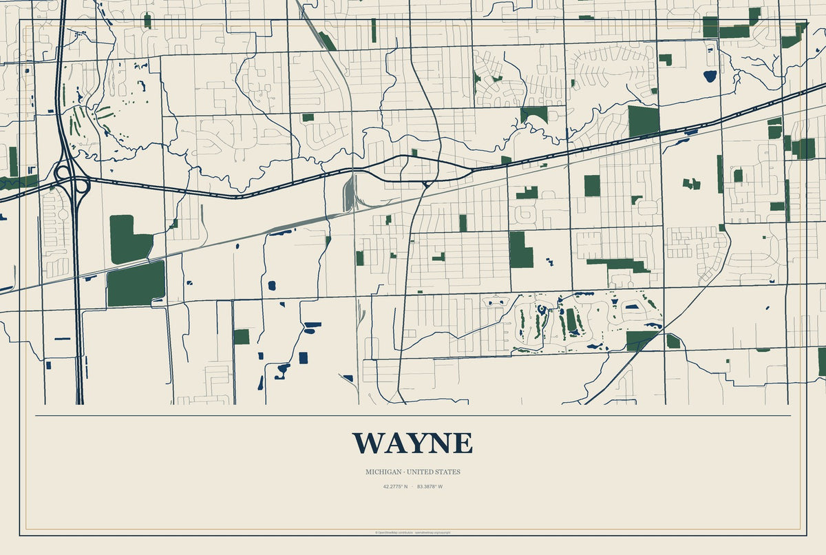 Wayne, Michigan City Map Aluminum Sign in Coastal Cutout style