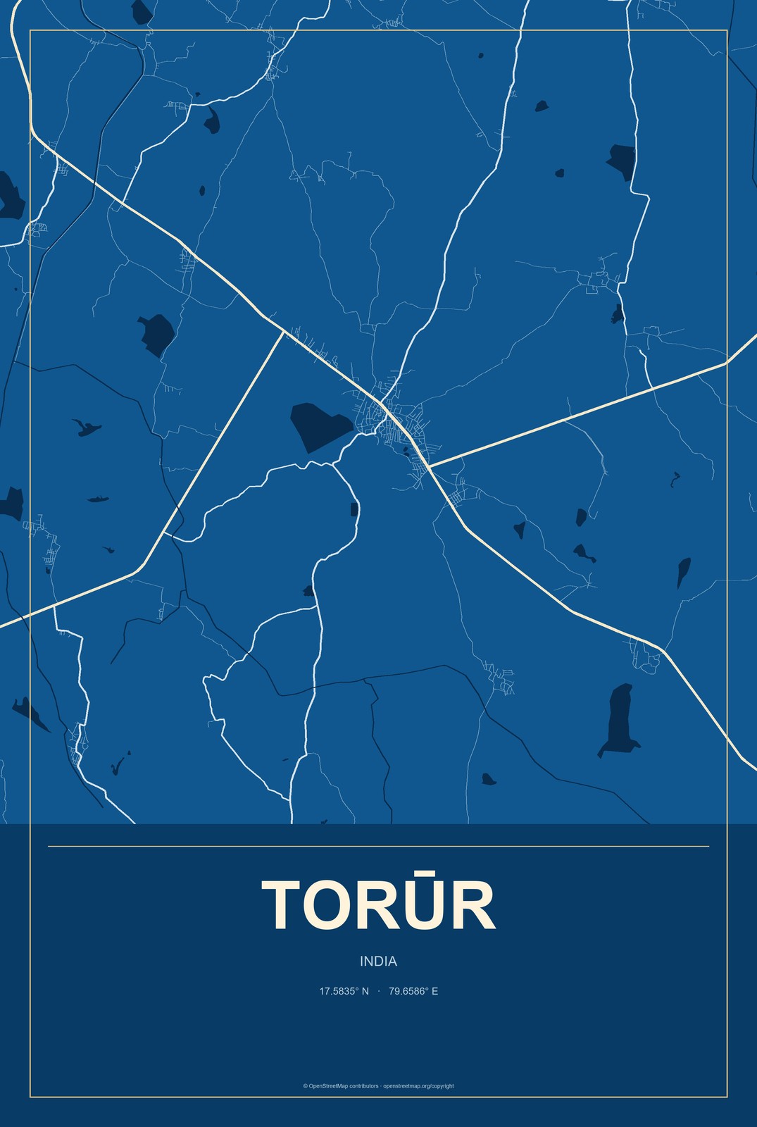 Torūr, India City Map Aluminum Sign in Harbor Cobalt style