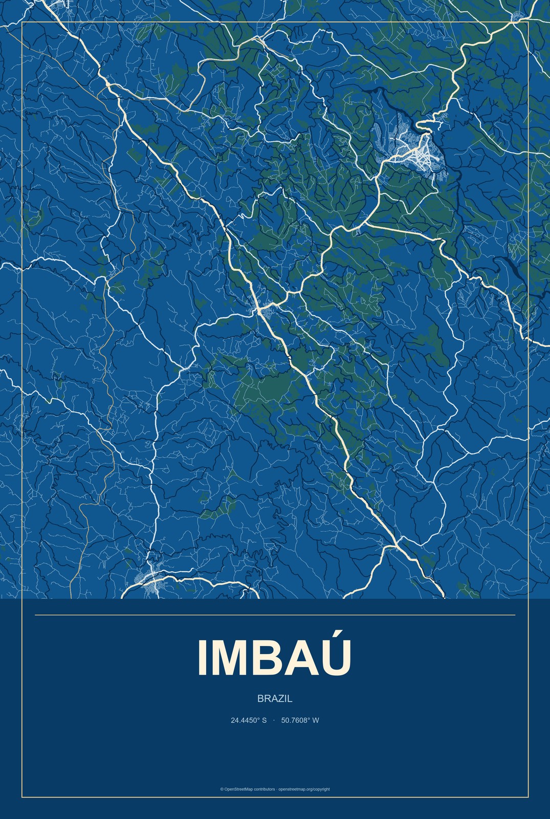 Imbaú, Brazil City Map Aluminum Sign in Harbor Cobalt style