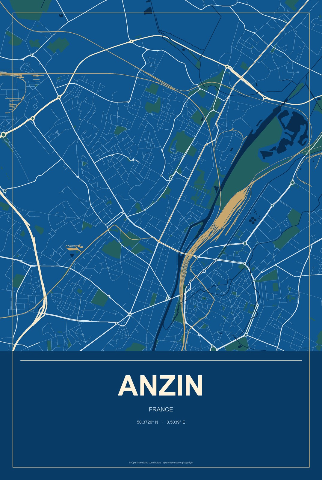 Anzin, France City Map Aluminum Sign in Harbor Cobalt style