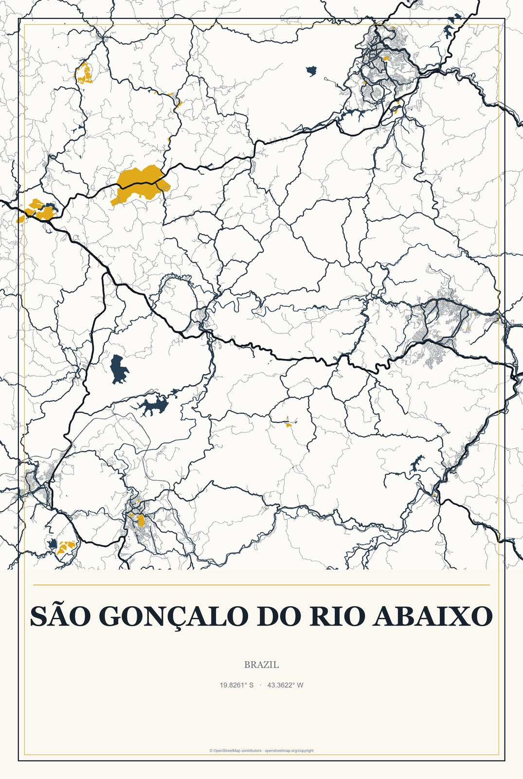 São Gonçalo do Rio Abaixo, Brazil City Map Aluminum Sign in Citrine Modern style
