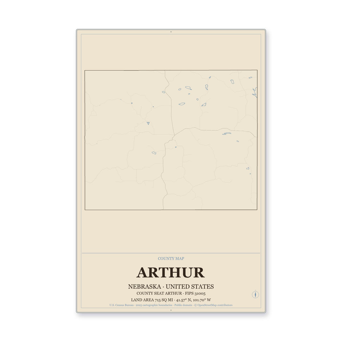 Arthur County, Nebraska Map Aluminum Sign in Heritage Nautical style