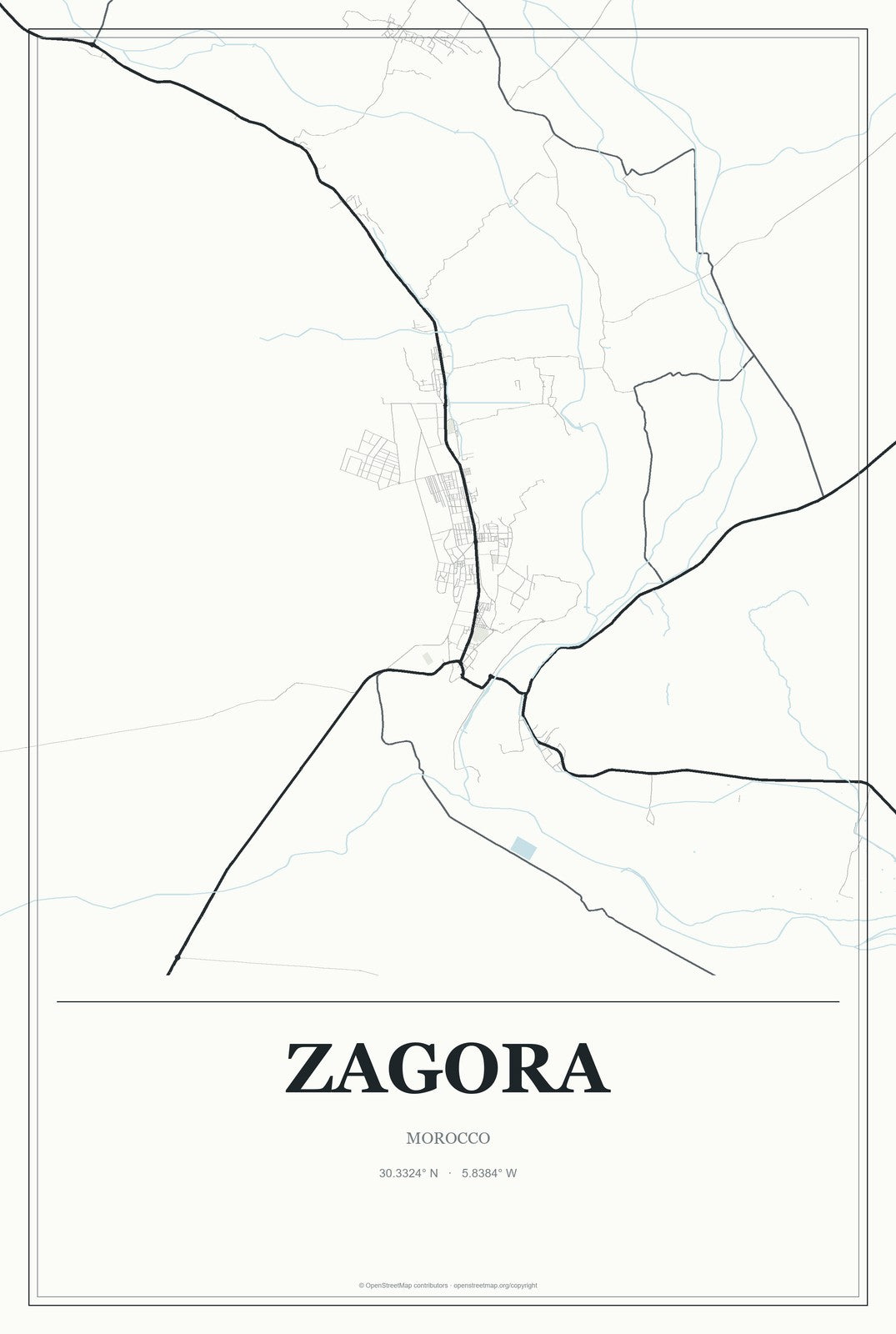 Zagora, Morocco City Map Aluminum Sign in Gallery Air style