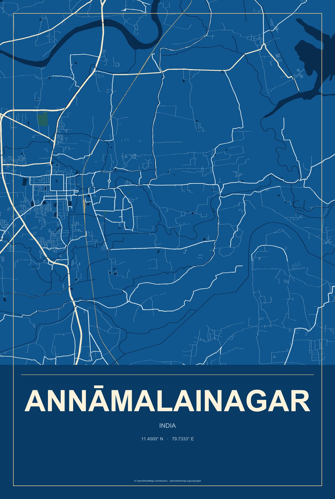 Annāmalainagar, India City Map Aluminum Sign in Harbor Cobalt style